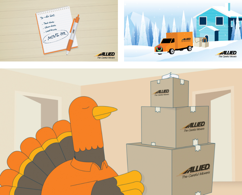 Boxes of animations including todo list item, delivery van in snowscape, and turkey carring boxes.