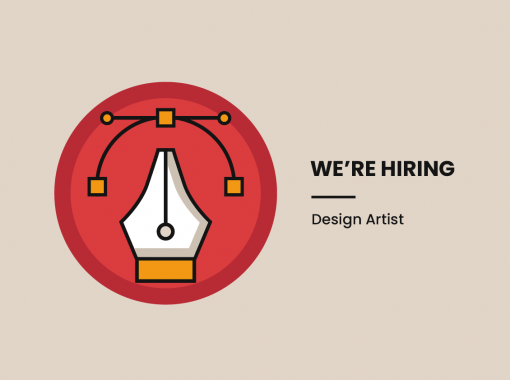 Illustration of pen and anchor points with text that says, "We're hiring, Design Artis"