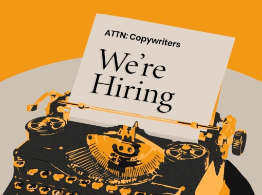 Photo depicting a typewriter with a piece of paper that states we're hiring